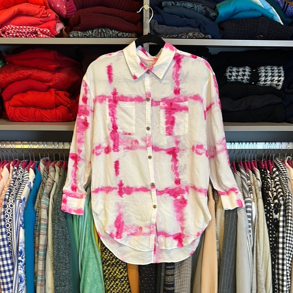 Calla white/pink tie dye long sleeve button down shirt size XS